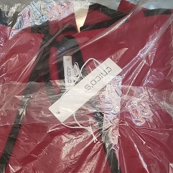 Chico's Stripe Border Ruana Covering Red Allure Pauncho - Picture 10 of 11